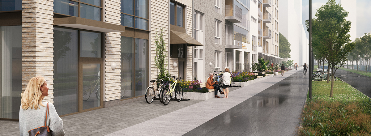 Visionsbild som visar delar av kvarter 8. Man ser en liten bit av den tegelprydda fasaden med stora fönster i bottenvåningen. Utanför syns cyklar, gång och cykelväg, människor som promenerar eller vilar på en parkbänk samt delar av körfälten i den breda Kämpeavenyn.